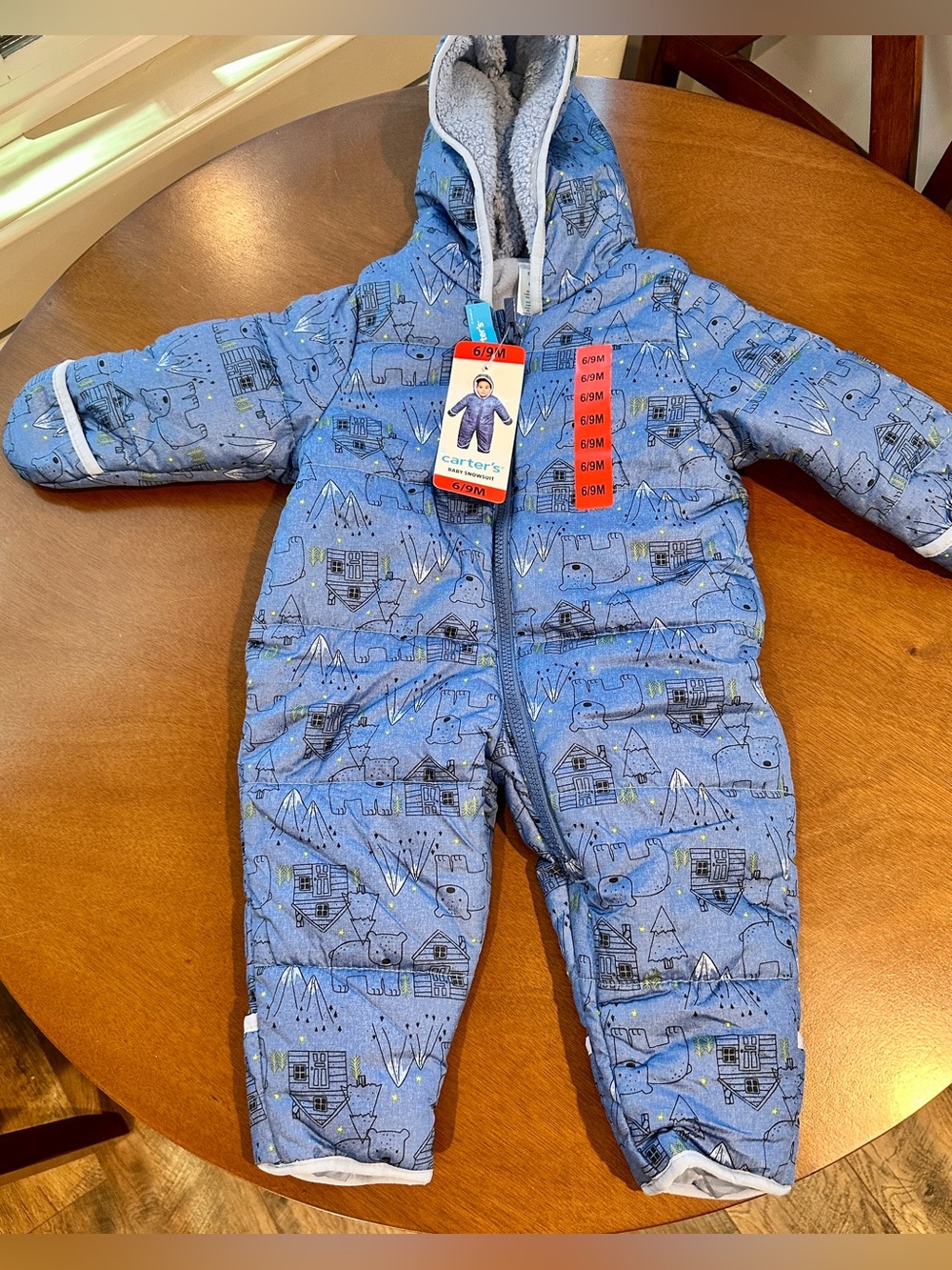 Carter's Light Blue Quilted Hooded Baby One-Piece with Cabin Print